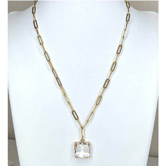 Paperclip Chain Necklace 16" 18" 20" Clear Faceted Glass Pendant AU24 - Picture 2 of 6